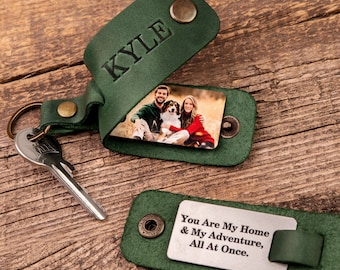 Leather Photo Keychain for Men, Personalized Custom Keychain with Photo, 1st Anniversary Gift for Him