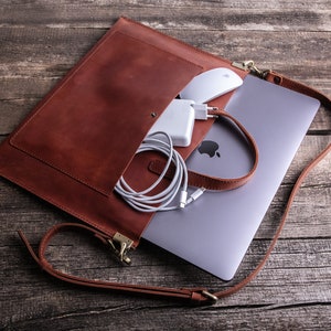 Premium leather laptop sleeve with handle, Leather macbook sleeve with pocket for MacBook Air 2020, 16 inch macbook bag