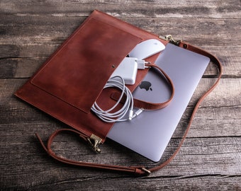 Premium leather laptop sleeve with handle, Leather macbook sleeve with pocket for MacBook Air 2020, 16 inch macbook bag
