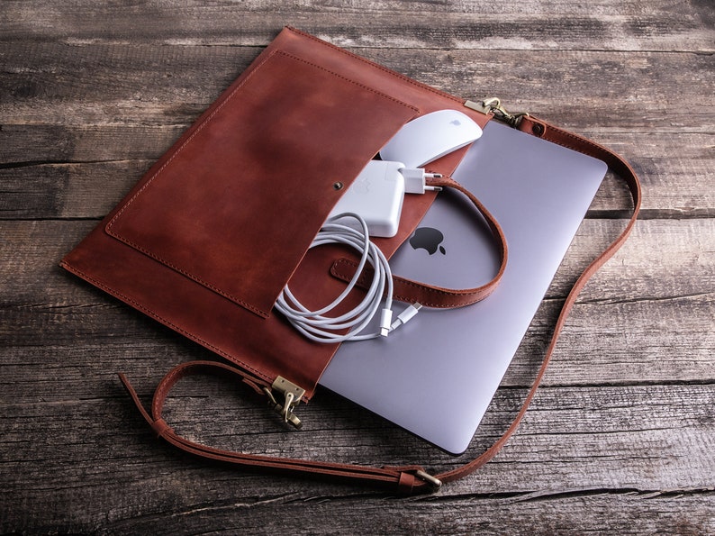 Premium leather laptop sleeve with handle, Leather MacBook sleeve with pocket for MacBook Air 2020, 16 inch MacBook bag image 1