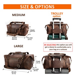 May include: Brown leather duffel bags in medium and large sizes with handles, shoulder straps, and a trolley sleeve option. Medium bag measures 40.8 by 19 by 20.4 cm. Large bag measures 51 by 25 by 23 cm. Text includes SIZE & OPTIONS, TROLLEY option.
