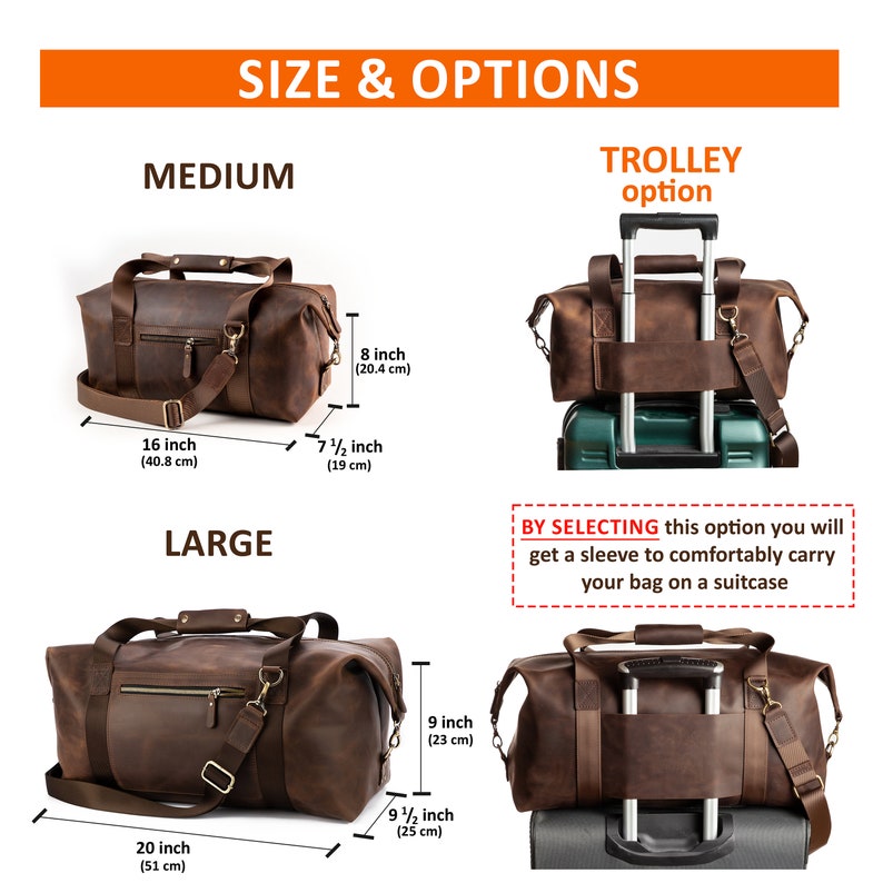 May include: Brown leather duffel bags in medium and large sizes with handles, shoulder straps, and a trolley sleeve option. Medium bag measures 40.8 by 19 by 20.4 cm. Large bag measures 51 by 25 by 23 cm. Text includes SIZE & OPTIONS, TROLLEY option.