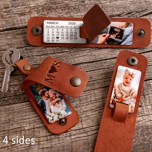 May include: Three brown leather keychains with metal snap buttons. One features a March 2020 calendar and an ultrasound photo. Another shows a couple and the letters M heart S. The third displays a baby photo. The text 4 sides is visible.