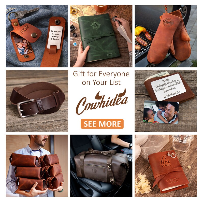 May include: A collage of personalized leather goods including a photo keychain, a green journal, brown oven mitts, a dark brown belt, a wallet with a photo insert, a stack of brown pouches, a brown duffel bag, and a leather-bound vow book.