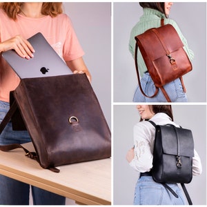 Women leather laptop backpack, tablet leather backpack, macbook Air leather backpack, her work leather backpack, black office  backpack