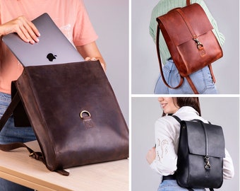 Women leather laptop backpack, tablet leather backpack, macbook Air leather backpack, her work leather backpack, black office  backpack