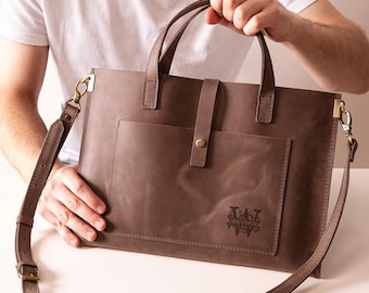 Womens Leather Laptop Bag with Handle, Personalized Handmade Work Tote Bag for MacBook 13, 14, 15 or 16 Inch