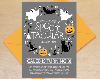 Halloween Birthday Party Invitation, Kids Halloween Party Invitation, Spooky Birthday Invite, Costume Party, Halloween Party Theme. Grey