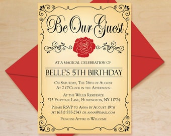 Beauty and the Beast Invitation, Disney Princess Invitation, Disney Birthday Invitation, Fairytale Birthday Invitation, Rose Invitation