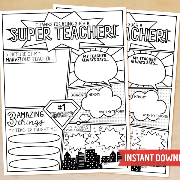Superhero Teacher Appreciation Printable, All About My Teacher, Coloring Sheet, Survey, Thanks for Being a Super Teacher, Instant Download
