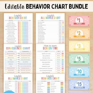 May include: Editable behavior chart bundle with colorful charts for allowance, behavior, consequences, screen time, and rewards. Includes printable money in denominations of $1, $2, $3, $5, $10, $15, and $20. The bundle has 14 editable pages.