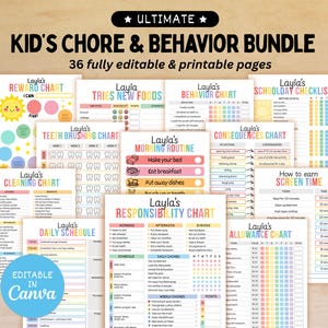 Editable Kids Chore Chart and Behavior Chart Bundle, Responsibility Chart, Reward Chart, Behavior Management, Consequences, Allowance, Canva