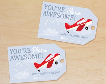 May include: Two blue and white Valentine's Day gift tags with a red airplane and a heart design. The text on the tags reads "You're Plane Awesome!" and "Happy Valentine's Day! Love, ".