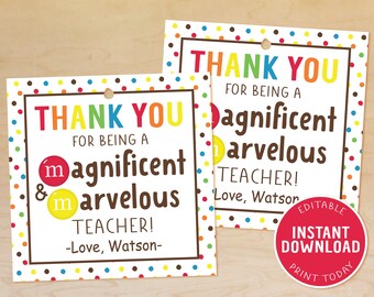 M&Ms Teacher Appreciation Gift Tag, Magnificent and Marvelous Teacher, Appreciation Week, Thank You Gift Tags, Teacher Treat, Printable