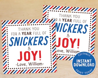 Snickers Gift Tags, Almond Joy Tag, Teacher Appreciation, Teacher Thank You, Year Full of Snickers and Joy, Candy Thank You Tag, Printable