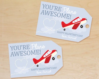 May include: Two light blue gift tags with a red airplane design and the text "YOU'RE Plane AWESOME!". The tags also include the message "HAPPY VALENTINE'S DAY! love, Samuel".
