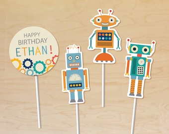 Robot Cupcake Toppers Personalized, Robot Party Decor, Printable Cupcake Toppers, Robot Birthday Theme, Robot Party Printable, Cake Toppers