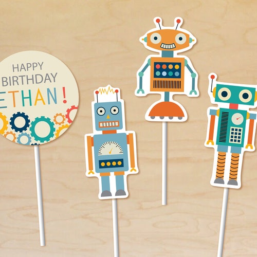 Robot Cupcake Toppers Personalized Robot Party Decor - Etsy