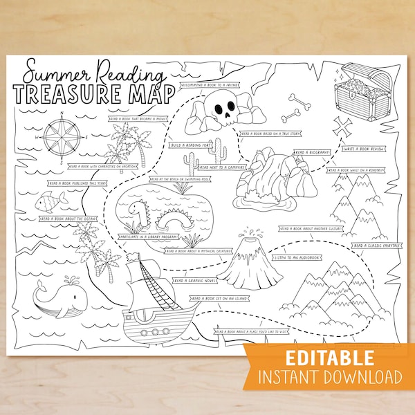 Summer Reading Printable for Kids, Summer Reading Treasure Map, Book Log, Reading Challenge, Summer Reading List, Editable Template