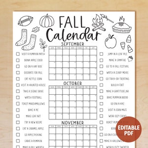 Printable Fall Calendar Poster, Fall Activities Calendar, Autumn Calendar, Bucket List, Autumn Checklist, EDITABLE, Instant Download