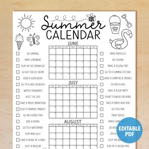 Printable Summer Calendar Poster, Summer Activities Calendar, Bucket List, Summer Checklist, Family Calendar, EDITABLE, Instant Download