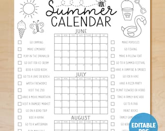 Póster imprimible del calendario de verano, calendario de actividades de verano, lista de deseos, lista de verificación de verano, calendario familiar, EDITABLE, descarga instantánea