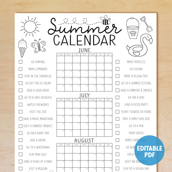 Afdrukbare zomerkalender poster, zomeractiviteitenkalender, bucketlist, zomerchecklist, familiekalender, BEWERKBAAR, Instant Download