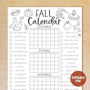 Druckbare Herbst Kalender Poster, Herbst Aktivitäten Kalender, Herbstkalender, Bucket List, Herbst Checklist, EDITIERBAR, Sofort Download