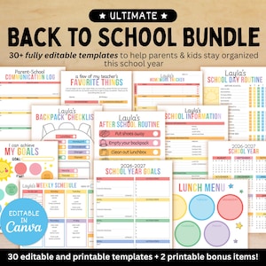 Peut inclure: Ensemble de modèles imprimables pour la rentrée scolaire, comprenant des listes de contrôle, des calendriers et des outils de suivi des objectifs. L'ensemble présente des designs colorés et le texte "Ultimate Back to School Bundle".