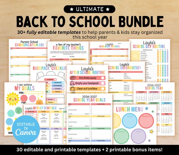 Back to School Printable Bundle, EDITABLE Canva Templates for Parents & Kids, Routine Charts, Calendars, Planners, Trackers, Checklists