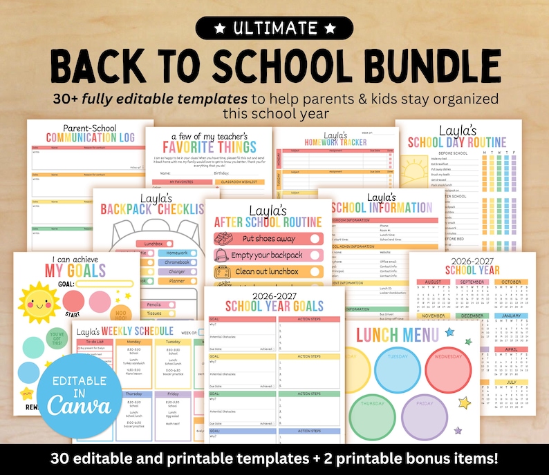 Op de afbeelding: Een verzameling afdrukbare sjablonen voor terug naar school, waaronder checklists, roosters en doelen trackers. De bundel bevat kleurrijke ontwerpen en de tekst "Ultimate Back to School Bundle" bovenaan. Inclusief bewerkbare sjablonen.