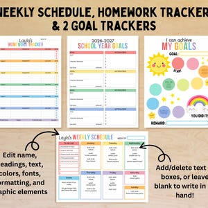Op de afbeelding: Een verzameling afdrukbare plannerpagina's met kleurrijke ontwerpen. Bevat een huiswerktracker, schooljaar doelen en doeltrackers. De pagina's bevatten bewerkbare tekstvakken en ruimte voor handgeschreven notities. De tekst bevat "Weekly Schedule" en "My Goals".
