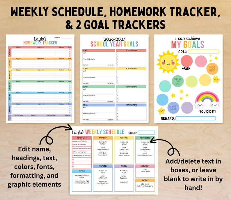 Op de afbeelding: Een verzameling afdrukbare plannerpagina's met kleurrijke ontwerpen. Bevat een huiswerktracker, schooljaar doelen en doeltrackers. De pagina's bevatten bewerkbare tekstvakken en ruimte voor handgeschreven notities. De tekst bevat "Weekly Schedule" en "My Goals".