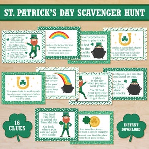 May include: A set of 16 green and gold St. Patrick's Day scavenger hunt clue cards with illustrations of leprechauns, pots of gold, rainbows, and shamrocks. The cards feature text such as "Wear green today to avoid a pinch" and "You have the luck of the Irish through and through".