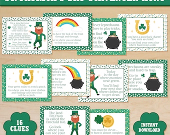 St Patricks Day Scavenger Hunt Clues, St. Patrick&#39;s Day Treasure Hunt Printable, Leprechaun Hunt, Indoor Activity for Kids, St Patrick Game