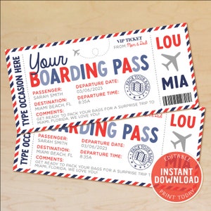 Modèle modifiable de carte d'embarquement, modèle de billet d'avion, révélation surprise de vacances, cadeau billet d'avion, fausse carte d'embarquement, téléchargement immédiat