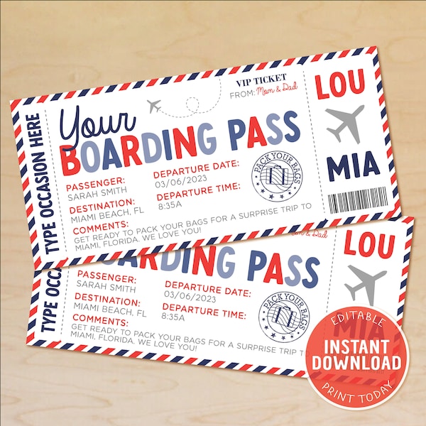 Editable Boarding Pass Template, Plane Ticket Template, Surprise Vacation Reveal, Airline Ticket Gift, Fake Boarding Pass, Instant Download