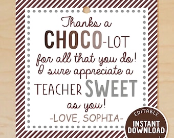 Chocolate Teacher Appreciation Tags, Chocolate Thank You Gift, Teacher Appreciation Candy Tag, Thanks a Choco-lot, Candy Bar, Printable