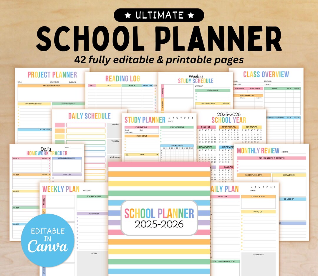 Editable School Planner for Kids, 2025-2026 Student Planner, Printable ...