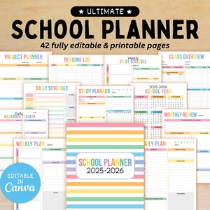 Editable School Planner for Kids, 2025-2026 Student Planner, Printable Study Planner,  Homework Tracker, School Calendar, Routine Checklist