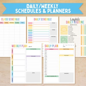 May include: A collection of colorful daily and weekly planner pages. The pages include a class schedule, daily schedule, daily routine, weekly plan, and daily plan. The text "DAILY/WEEKLY SCHEDULES & PLANNERS" is at the top.