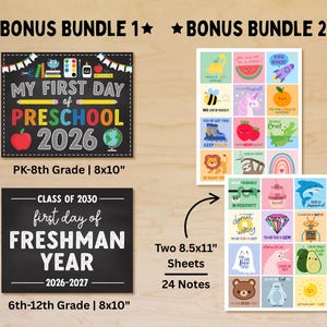 Op de afbeelding: Een verzameling schoolthema printables. Inclusief twee 20,32 cm x 25,4 cm schoolbord-stijl borden voor kleuterschool en Freshman Year, plus twee vellen van 21,59 cm x 27,94 cm met 24 motiverende notities.