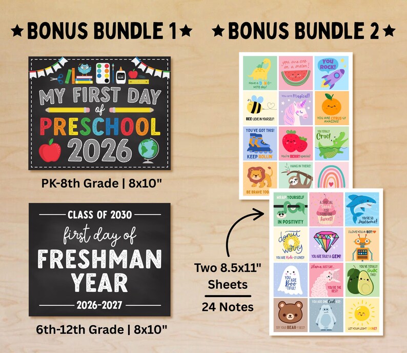 Op de afbeelding: Een verzameling schoolthema printables. Inclusief twee 20,32 cm x 25,4 cm schoolbord-stijl borden voor kleuterschool en Freshman Year, plus twee vellen van 21,59 cm x 27,94 cm met 24 motiverende notities.