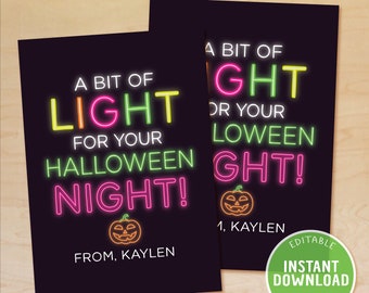 Halloween Glow Stick Tags, A Bit of Light for Halloween Night, Kids Halloween Party Favor, Classroom Gift Tag, Non-Candy Gift, Editable PDF