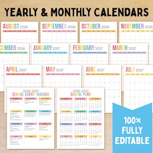 Op de afbeelding: Jaar- en maandkalenders voor 2026 en 2027, met een school evenementen tracker en een schooljaar kalender. De kalenders hebben kleurrijke koppen voor elke maand. De tekst "100% VOLLEDIG BEWERKBAAR" in een blauwe banner.