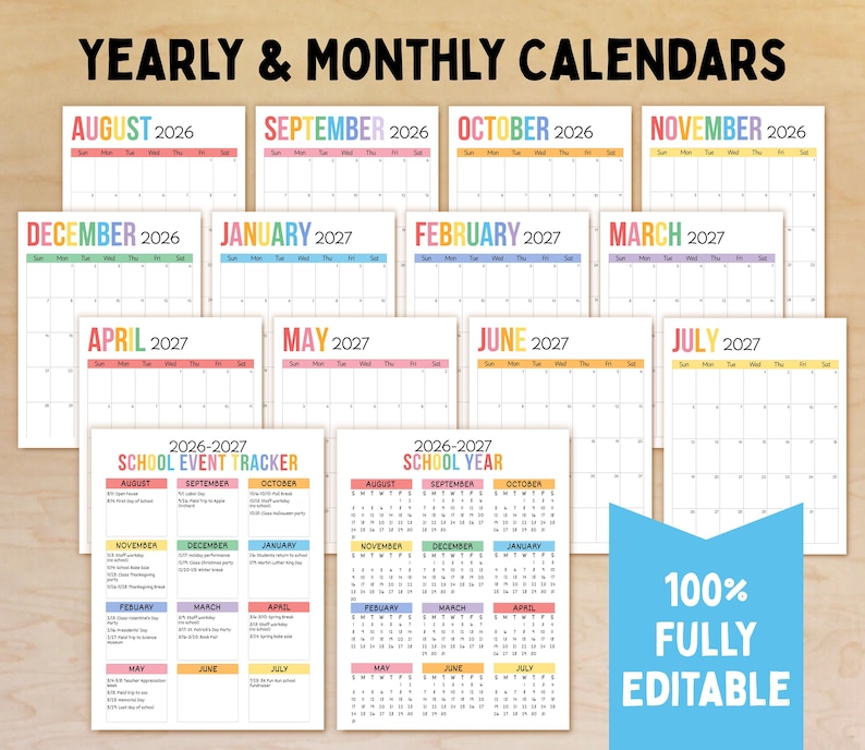 Op de afbeelding: Jaar- en maandkalenders voor 2026 en 2027, met een school evenementen tracker en een schooljaar kalender. De kalenders hebben kleurrijke koppen voor elke maand. De tekst "100% VOLLEDIG BEWERKBAAR" in een blauwe banner.