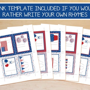 May include: Printable 4th of July themed cards with red, white, and blue stars, stripes, and fireworks. The cards have blank spaces for writing your own rhymes.  Blank template included if you would rather write your own rhymes.