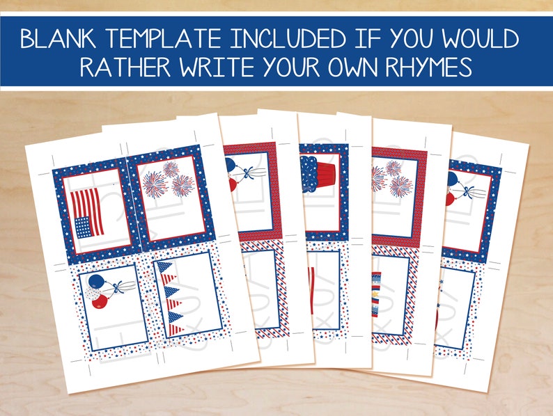 May include: Printable 4th of July themed cards with red, white, and blue stars, stripes, and fireworks. The cards have blank spaces for writing your own rhymes.  Blank template included if you would rather write your own rhymes.