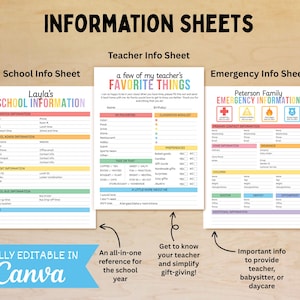 Op de afbeelding: Een set afdrukbare informatiebladen met de titels: School Info Sheet, Teacher Info Sheet en Emergency Info Sheet. De bladen zijn volledig bewerkbaar in Canva en bevatten secties voor klas-, school- en studenteninformatie.