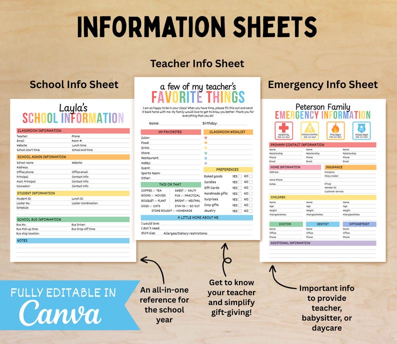 Op de afbeelding: Een set afdrukbare informatiebladen met de titels: School Info Sheet, Teacher Info Sheet en Emergency Info Sheet. De bladen zijn volledig bewerkbaar in Canva en bevatten secties voor klas-, school- en studenteninformatie.